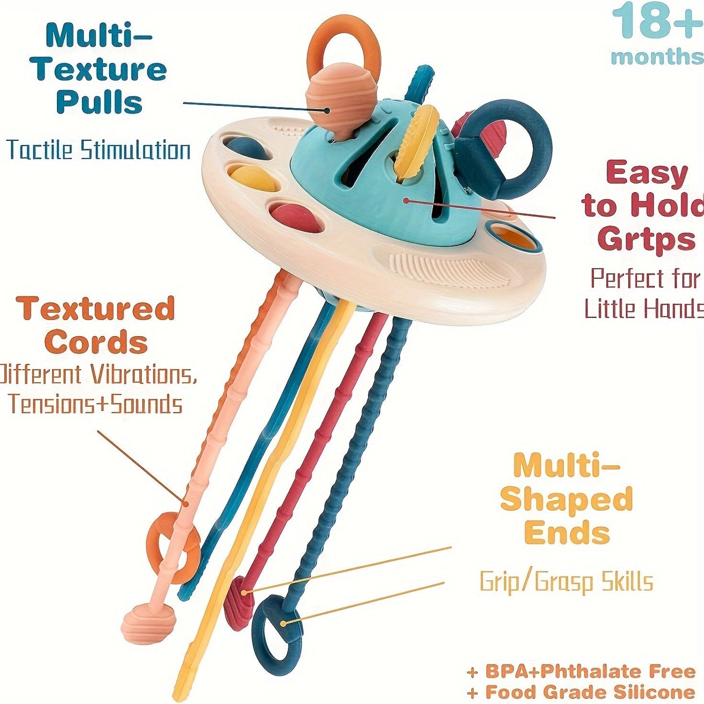 Pull String Silicone Activity Toy - Perfect Travel Toy and Baby Gift