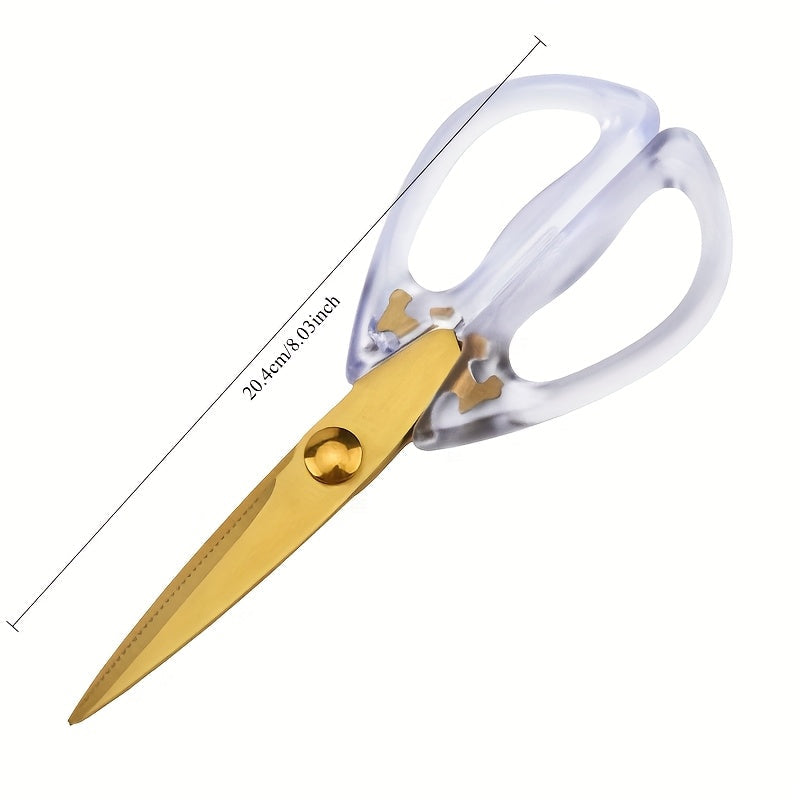 Elegant Stainless Steel Scissors with Golden-Tone Finish and Clear Acrylic Handle - Multi-Purpose Shears for Kitchen, Office, and Beyond, Ideal for Cutting Poultry, Tailoring, and Everyday Tasks