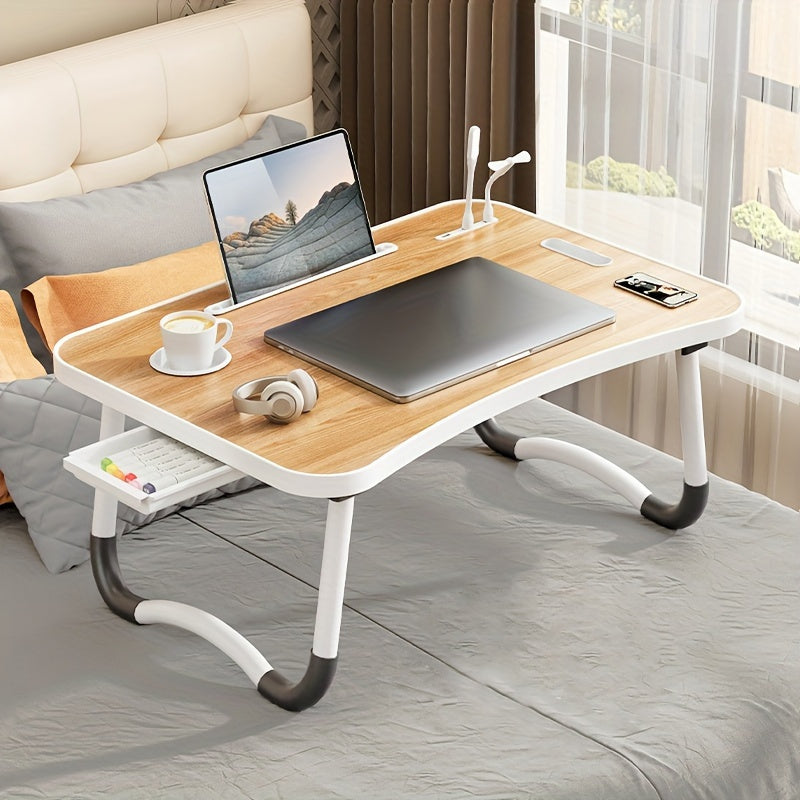 Large portable laptop bed desk with cup holder and drawer, great for eating, reading, and writing in bed, on sofa, or on floor.