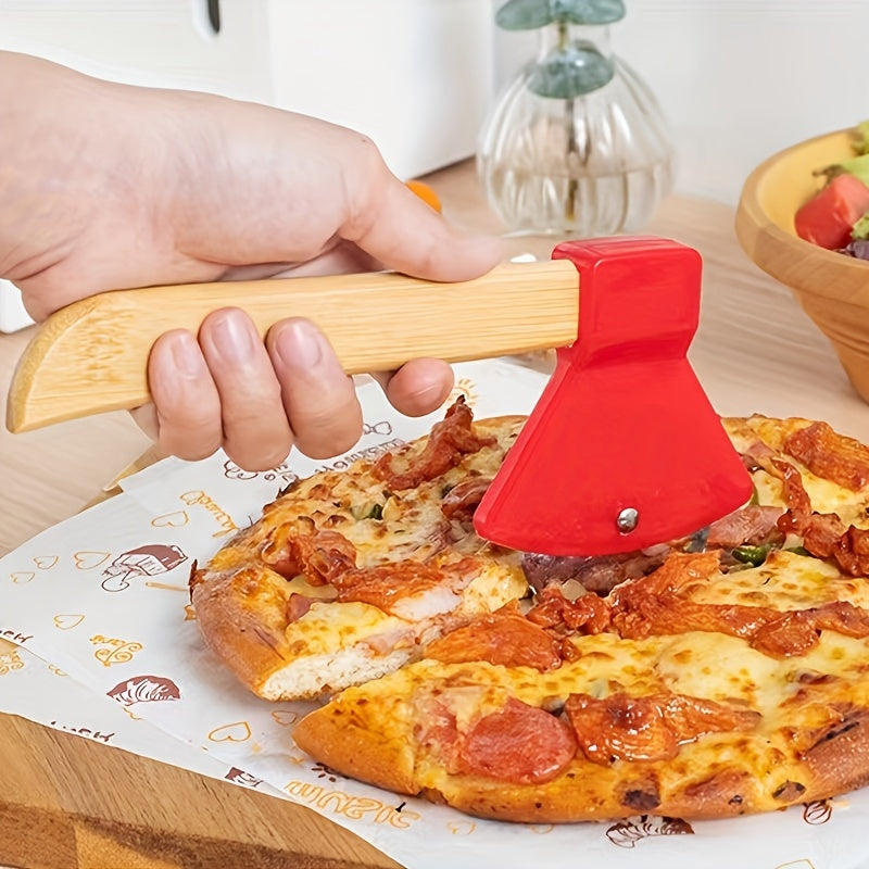 Stylish Stainless Steel Axe-Shaped Pizza Cutter - 21.08cm Single Wheel Slicer with Bamboo Handle, Versatile Kitchen & Restaurant Baking Tool, Red/Black Color