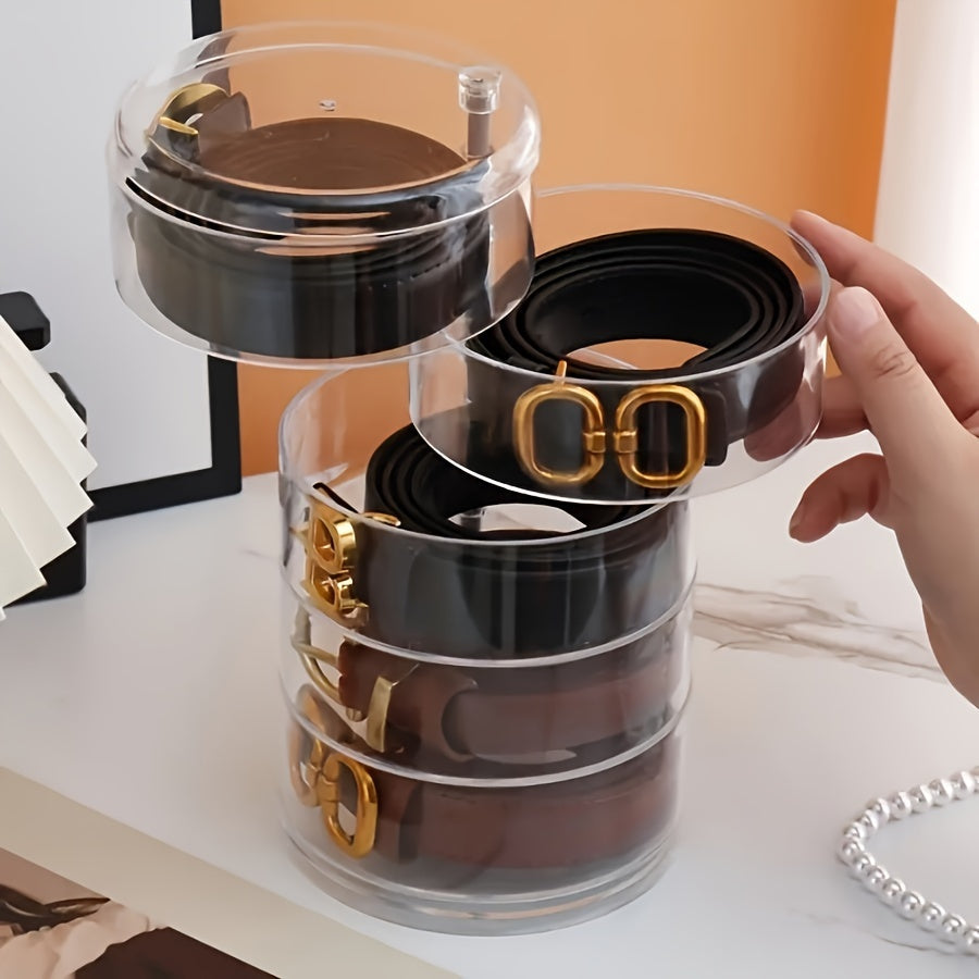 Rotating Belt Organizer with Adjustable Compartments - Stackable Storage Box for Belts, Hair Clips, Headbands, and Accessories, Clear Durable Plastic Material, No Electricity Required - Ideal for Accessory Organization