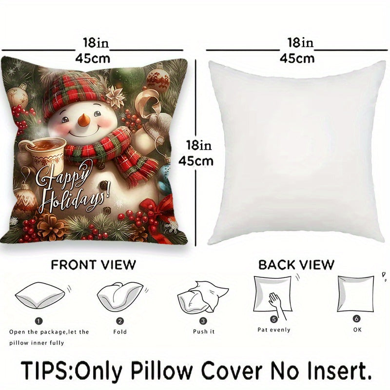 Set of 2 Christmas Snowman Throw Pillow Covers, 18x18 inches, made of durable Polyester Blend material. Easy to clean with machine washable feature. These festive Woven Square Cushion Cases are perfect for adding holiday spirit to your sofa and bedroom.