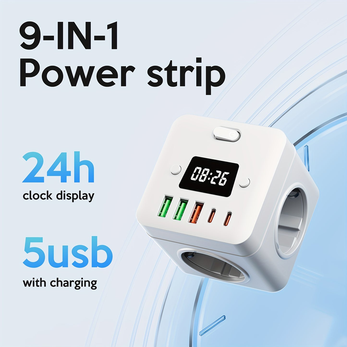 9-in-1 power strip with clock, 3 EU outlets, 3 USB-A ports, 2 USB-C ports, overload protection, wall mountable. Ideal for home, office, travel, dorm, gaming room.