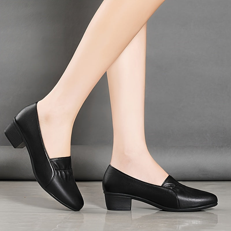 Fashionable solid color slip-on shoes with soft sole and chunky heel, ideal for daily wear.