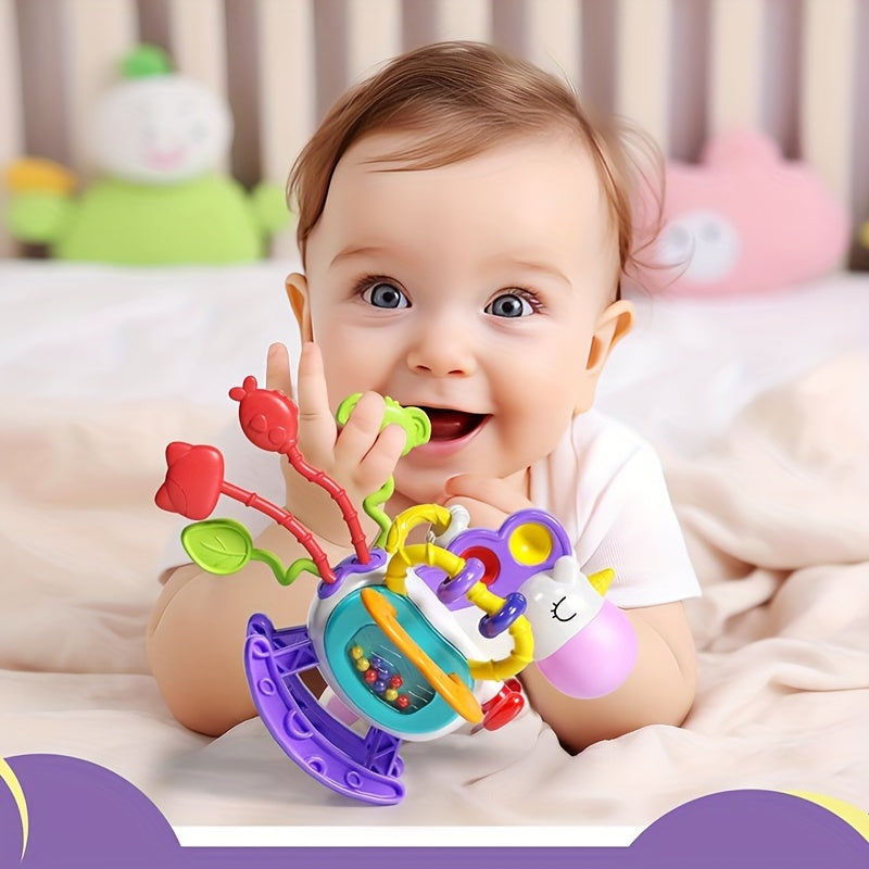 Unicorn-themed sensory toys designed for toddlers, featuring silicone pull-string activities for educational play and teething relief. Perfect birthday gifts for boys and girls ages 6, 9, 12, and 18 months.