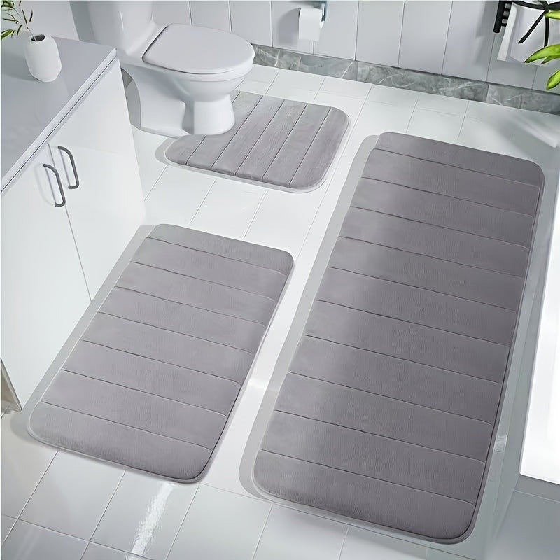 3-piece embossed bathroom rugs with quick absorbent coral fleece material. Non-slip and comfortable for bathroom, kitchen, and shower door covers. Machine washable.