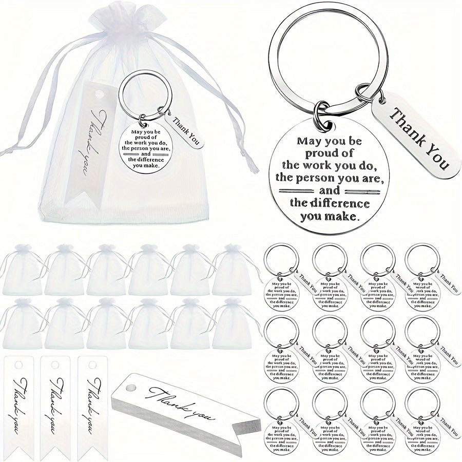 This Employee Appreciation Keychain Gift Set includes 36 pieces, divided into 12 sets. Each set comes with Thank You Cards and Organza Bags, making it the perfect gift for coworkers, nurses, teachers, or as a graduation or office appreciation gift.