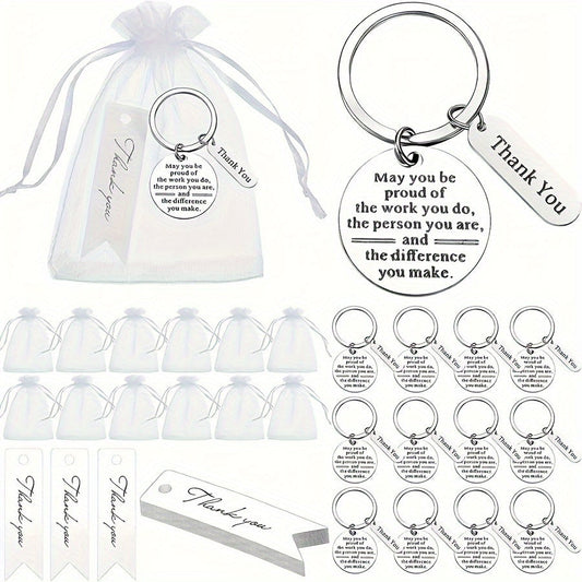 This Employee Appreciation Keychain Gift Set includes 36 pieces, divided into 12 sets. Each set comes with Thank You Cards and Organza Bags, making it the perfect gift for coworkers, nurses, teachers, or as a graduation or office appreciation gift.