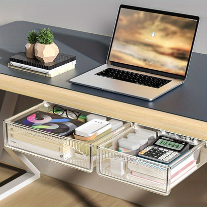 Invisible desk stationery storage without punching; drawer rack under table; hanging pull-out box.