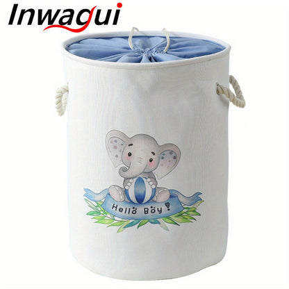 Large foldable laundry hamper with cute animal design, made of thick fabric. Features drawstring lids and can be used as a storage bin for clothes, toys, and other items in the nursery or home. A stylish and practical organizer.