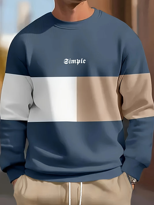 Casual men's plus size color block sweatshirt with letter print, made of machine washable polyester and featuring a round neck.