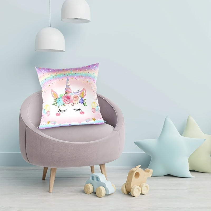 Unicorn-themed pillowcase made of woven polyester with zipper closure. Machine washable and suitable for bedroom, sofa, and home decor. Features contemporary unicorn pattern design.