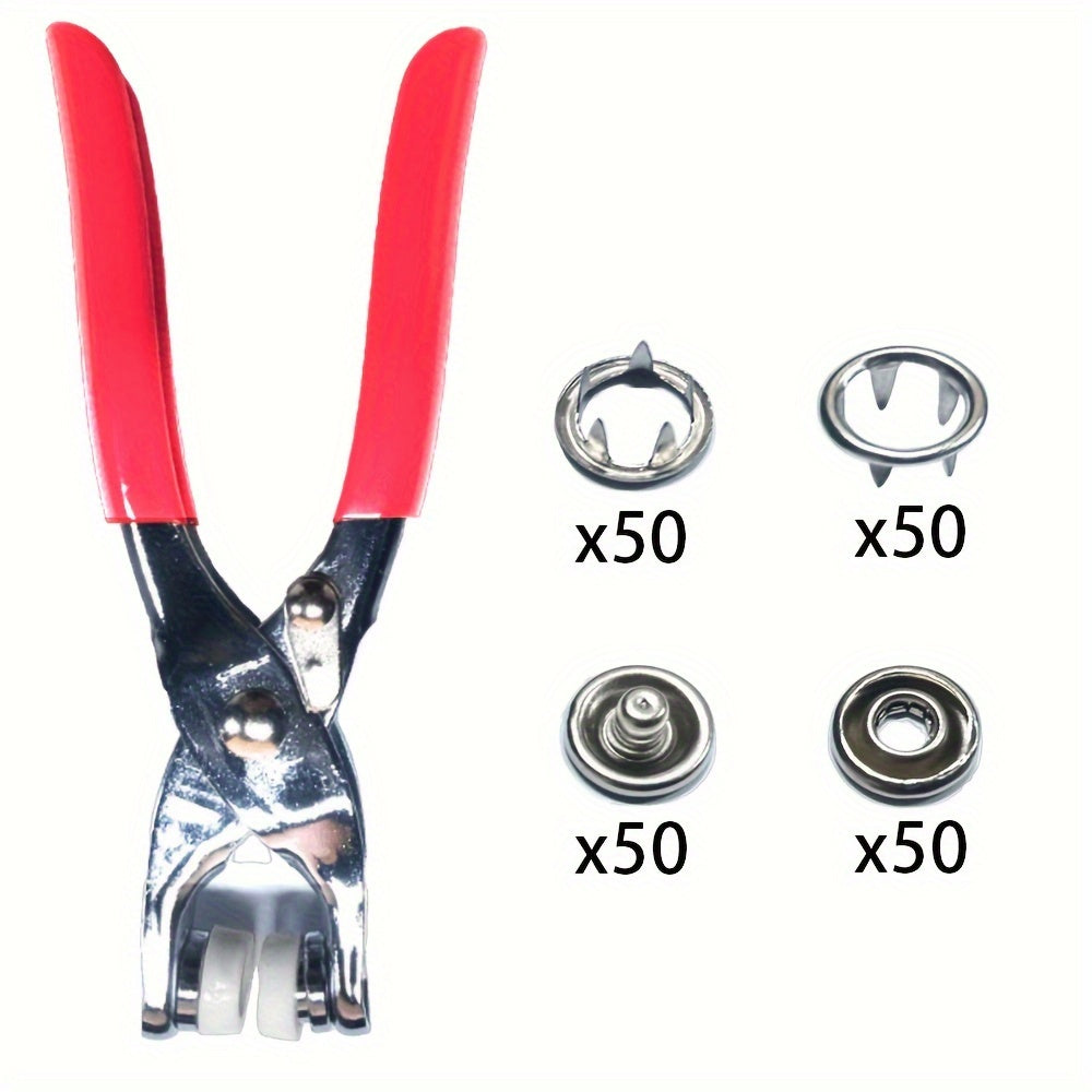 200 Iron Snap Buttons and 1 Snap Fastener Pliers Set for easy DIY clothes buckle installation, ideal for industrial sewing.