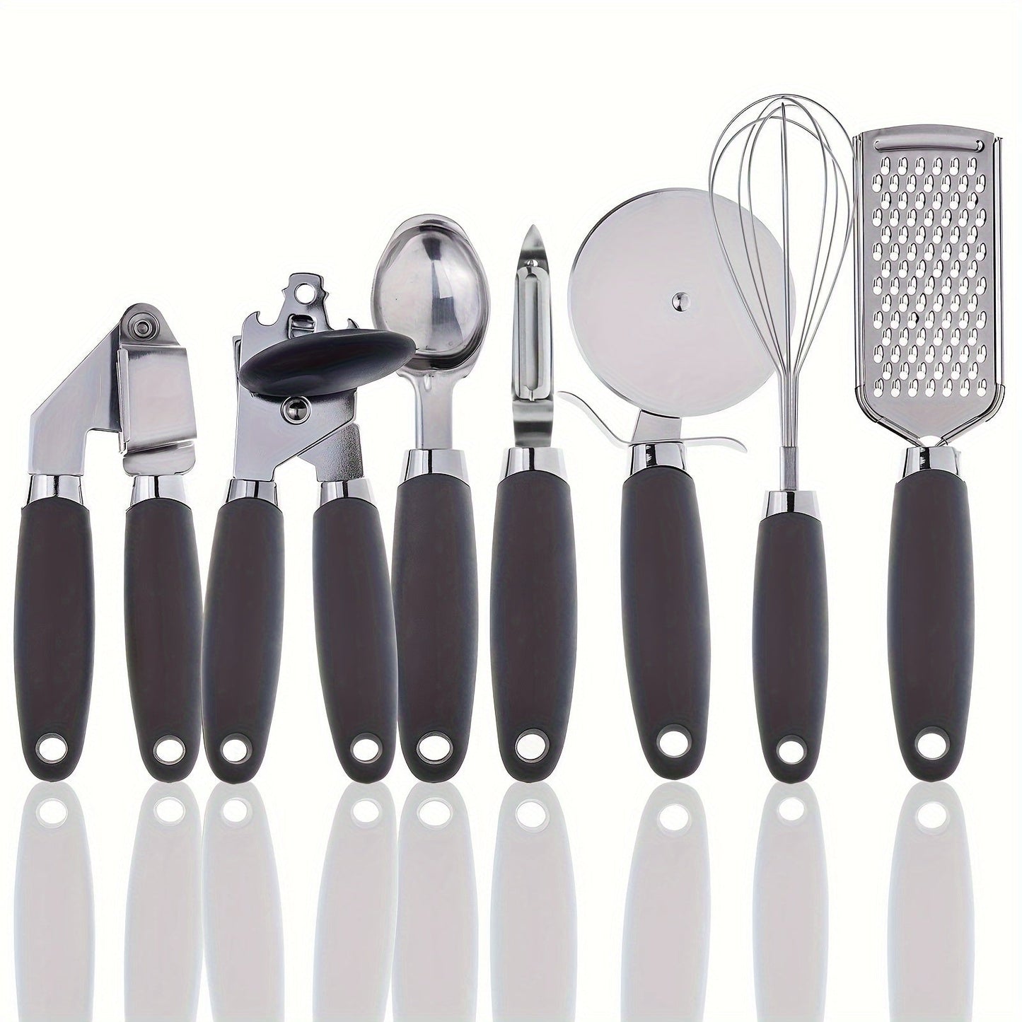 Set of 7 stainless steel kitchen utensils with comfort grip handles. Includes whisk, grater, peeler, ice cream scoop, can opener, garlic press, and pizza cutter. Ideal for various cooking tasks.