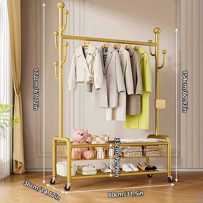 Multifunctional Rolling Coat Rack with 6 Hooks & Shelf - Strong Metal Construction, Perfect for Hanging Clothes, Jackets, Skirts, Coats, Scarves - Sleek Black Finish