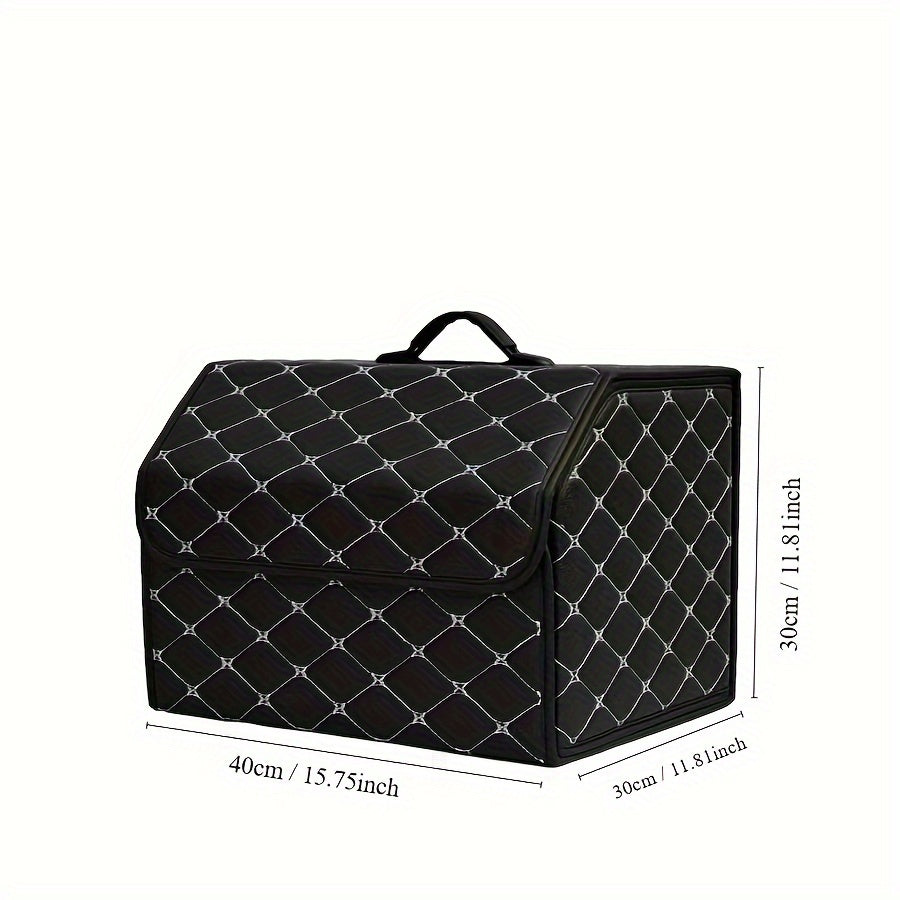 Black quilted PU leather car trunk organizer for SUV & Sedan trunks, providing durable and stylish interior storage.