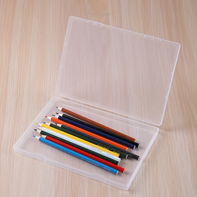 Rectangular plastic storage box with flip top lid, waterproof organizer for various items.