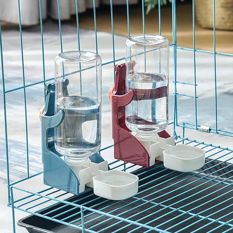 Automatic pet water dispenser for hamsters and rabbits, with hanging cage design and anti-tip plastic bowls. Features detachable stainless steel nozzles for easy use in small animal