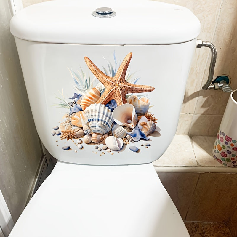 Waterproof toilet sticker with oceanic design: starfish and seashell, self-adhesive PVC, matte finish. Perfect for bathroom decor, easy application on tank and lid. Great Christmas or Halloween gift decoration.