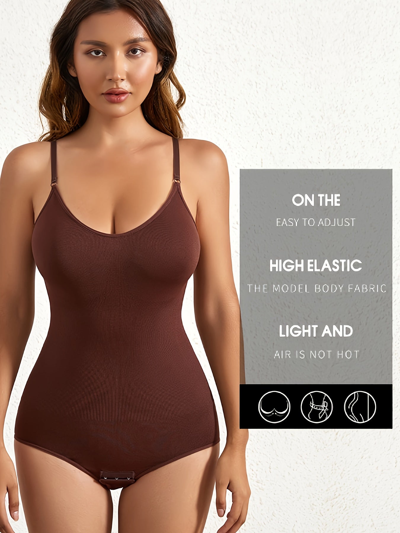 Women's Slimming Body Shaper Jumpsuit in Brown, sizes XS-XXL. Tummy control, hip lifting, elastic waist. Soft nylon blend, hand wash or dry clean. Comfortable and durable shapewear.