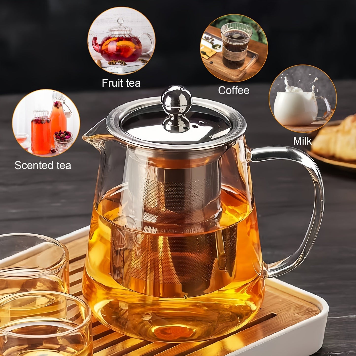 Stylish 450ml Glass Teapot with Stainless Steel Infuser and Lid - Ideal for Loose Leaf Tea, Herbal Blends, and Fruit Infusions. This Teapot is Strong and Beautiful, Features Dual Strainers for Better Brewing, and Includes a Tea Infuser.