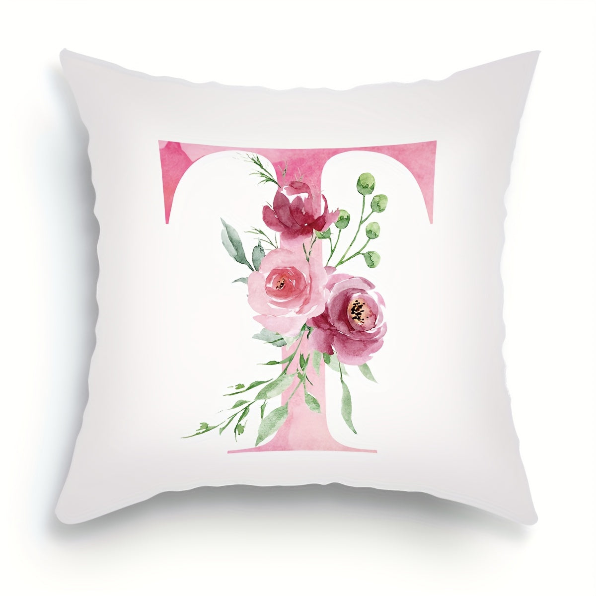 18x18 inch Alphabet Floral Pillow Cover featuring A to Z English Letters in pink print. Ideal for adding a contemporary touch to sofa, living room, or bedroom decor. Single-sided printing, insert not included.