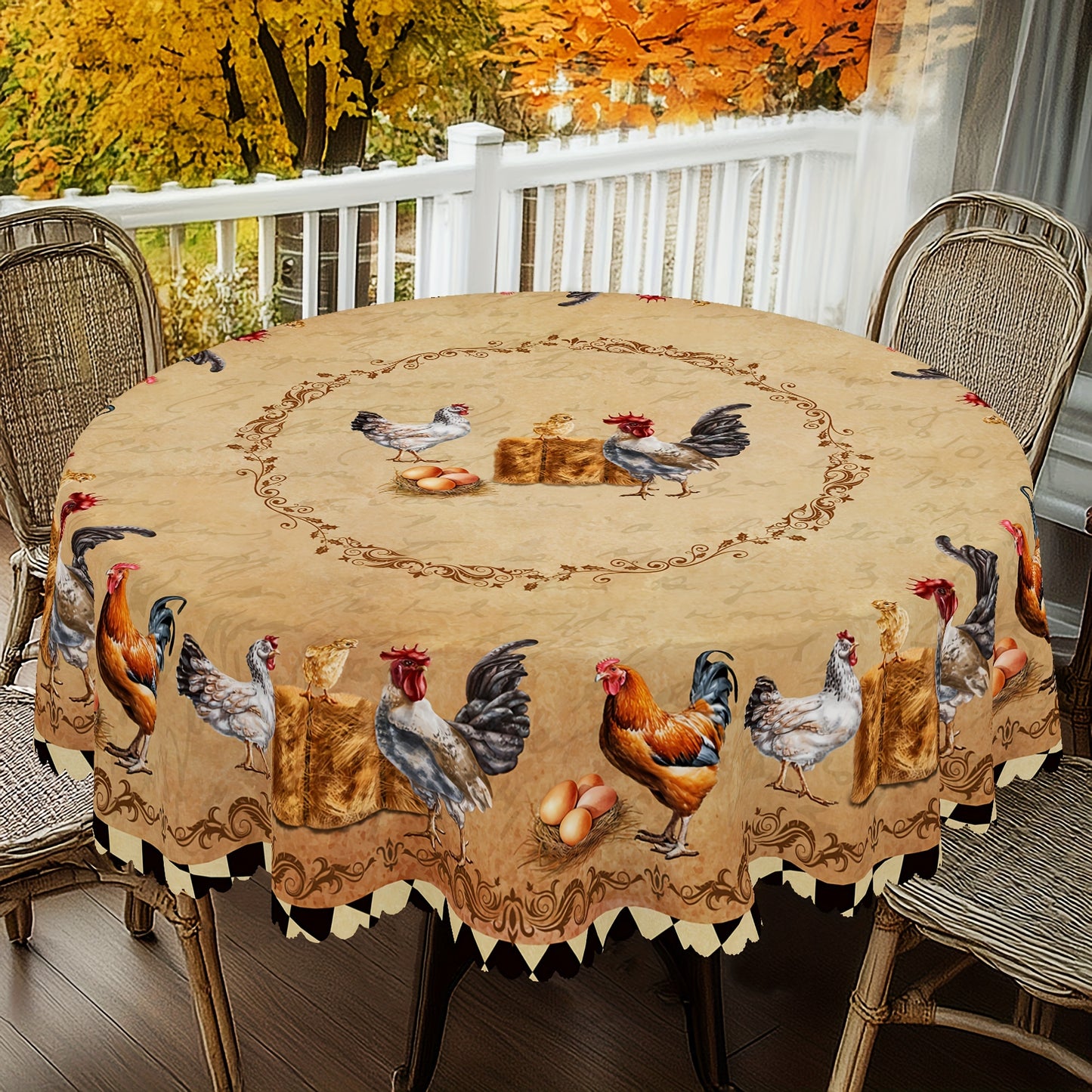 Retro farmhouse tablecloth featuring rooster, chick, and egg prints for daily use in homes, restaurants, terraces, picnics, and courtyards. Suitable for indoor and outdoor settings. Great gift for family and friends.