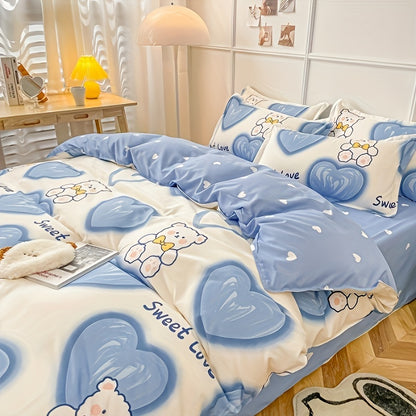 4PCS Cartoon Heart Bear Print Bedding Set - Includes Duvet Cover, Bed Sheet, and 2 Pillowcases - Machine Washable Polyester Fabric - Animal Theme - Year-round Use