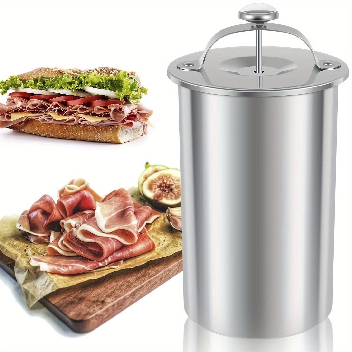 Newly Designed Stainless Steel Meat Smasher with Built-in Thermometer and Meat Pressing Bucket - Perfect for Home Kitchen Use, Cooking Tools and Accessories - Includes Ham Machine