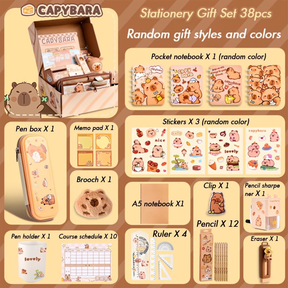 Capybara-themed stationery gift set with notebooks, pens, paper clips, and accessories in a tote bag for students, animal lovers, and student rewards.