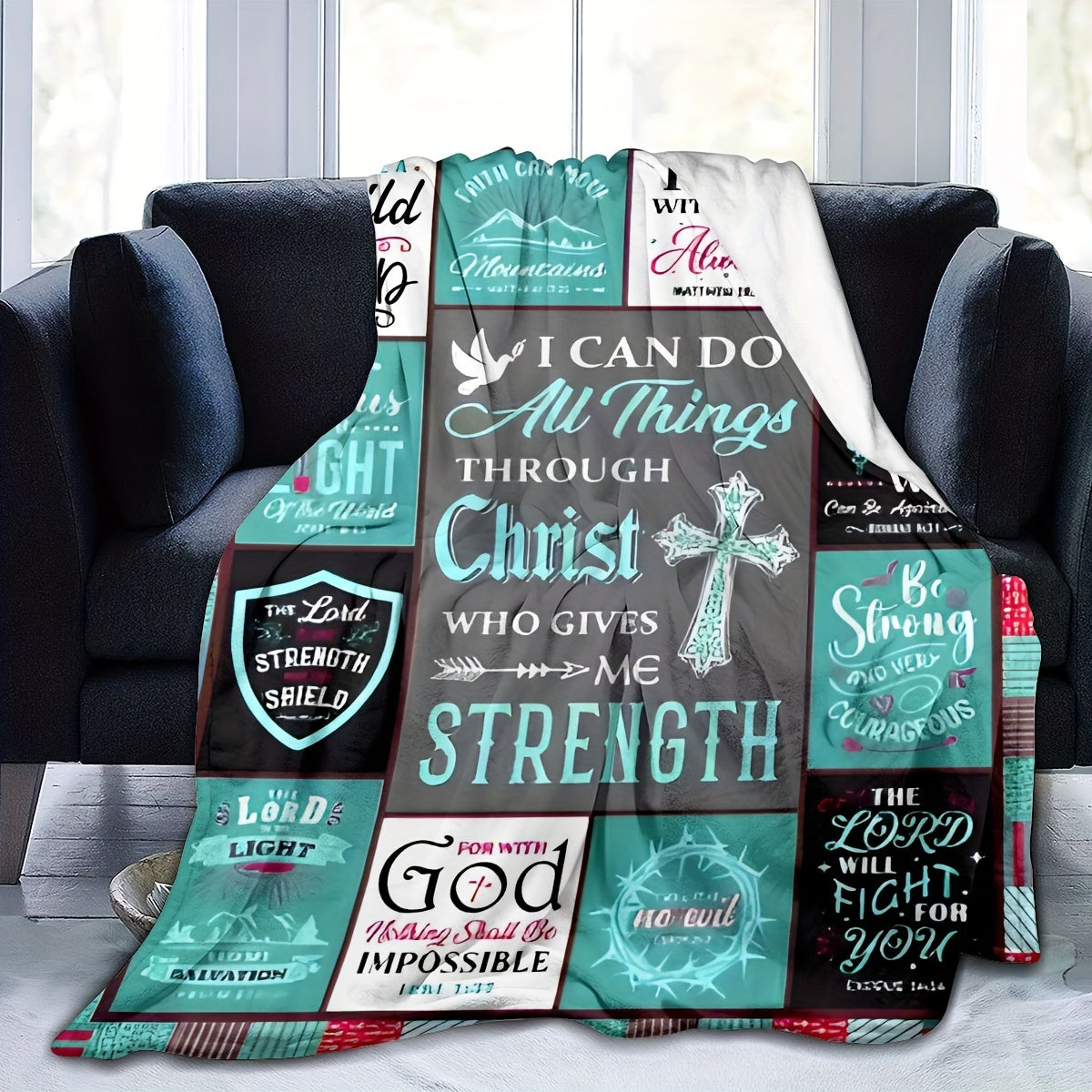 One piece of Christian Inspirational Quotes Flannel Fleece Throw Blanket featuring Religious Scripture Verses. This tear-resistant blanket is perfect for all seasons and has a digital print design. Made of polyester in a contemporary style, it is a great