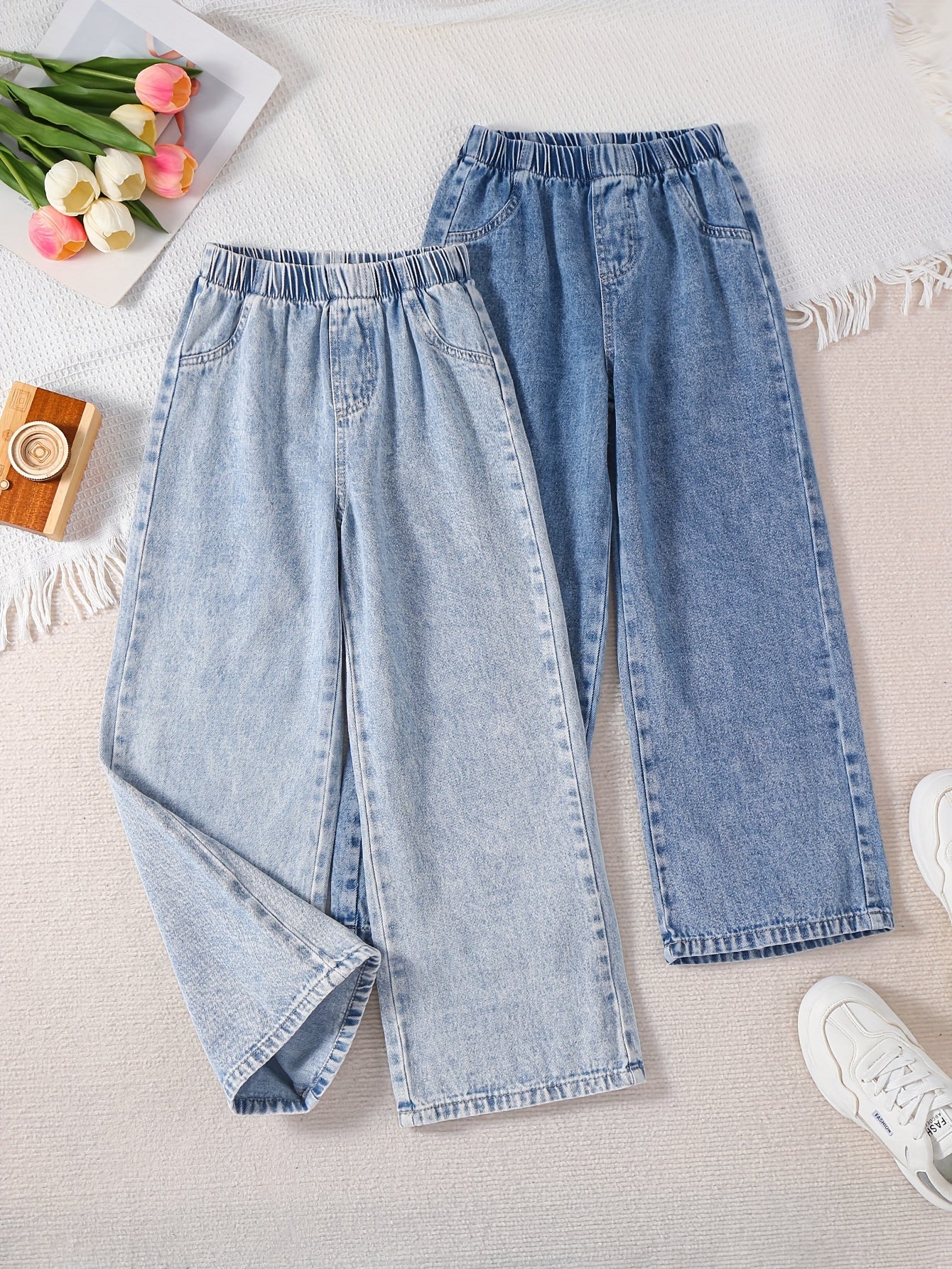 2-pack of girls' loose straight fit denim pants for all seasons