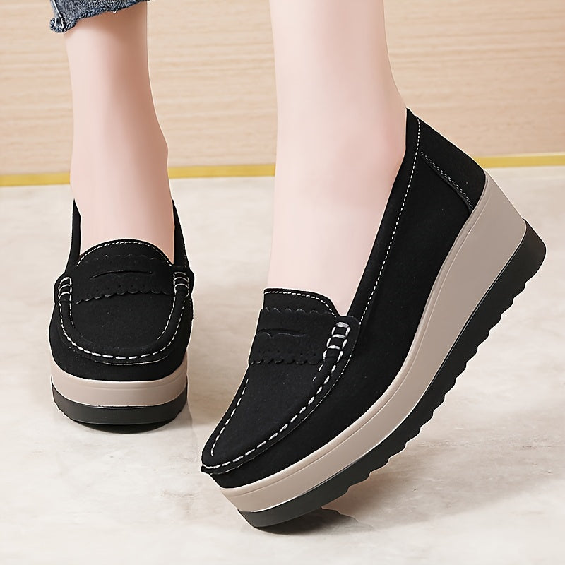 Women's slip-on loafers in solid color, lightweight faux comfort shoes with plain toe design for all seasons.