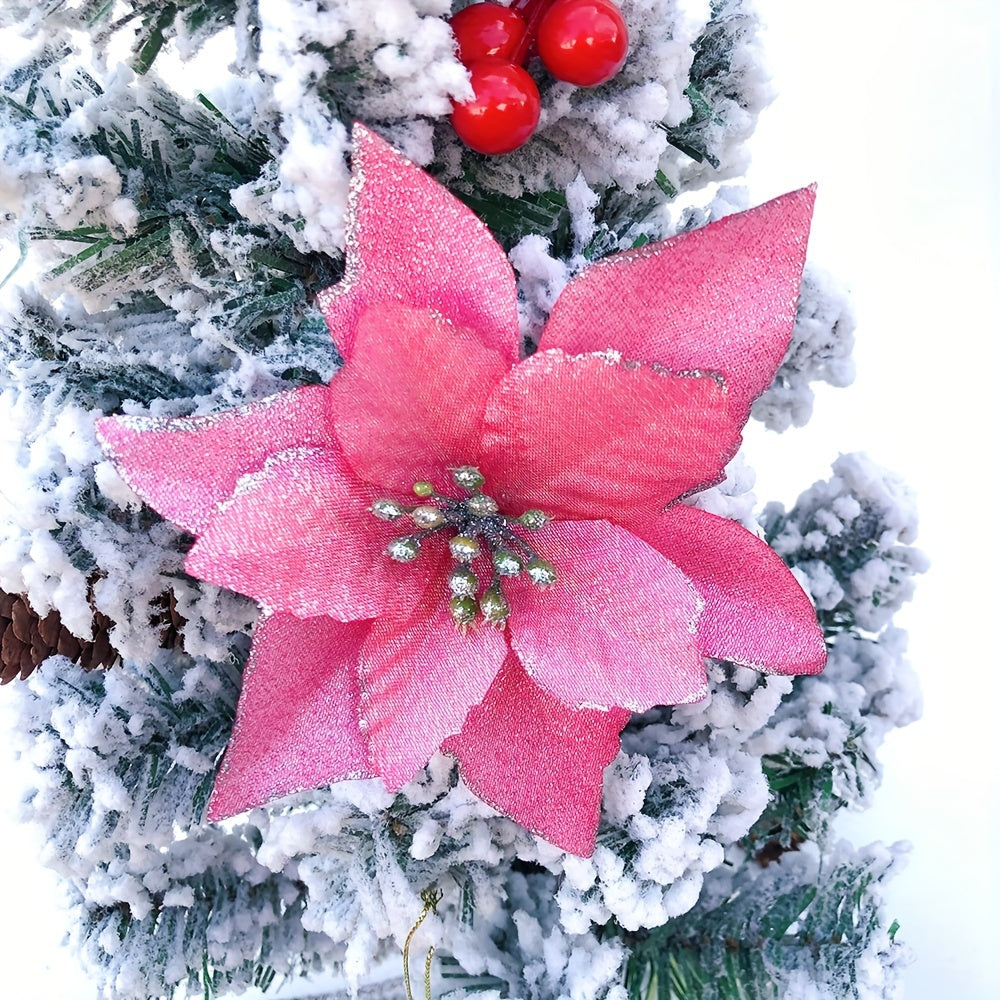 Set of 10 glittery 14cm artificial Christmas flowers for tree decorating, perfect family gift for the holidays.