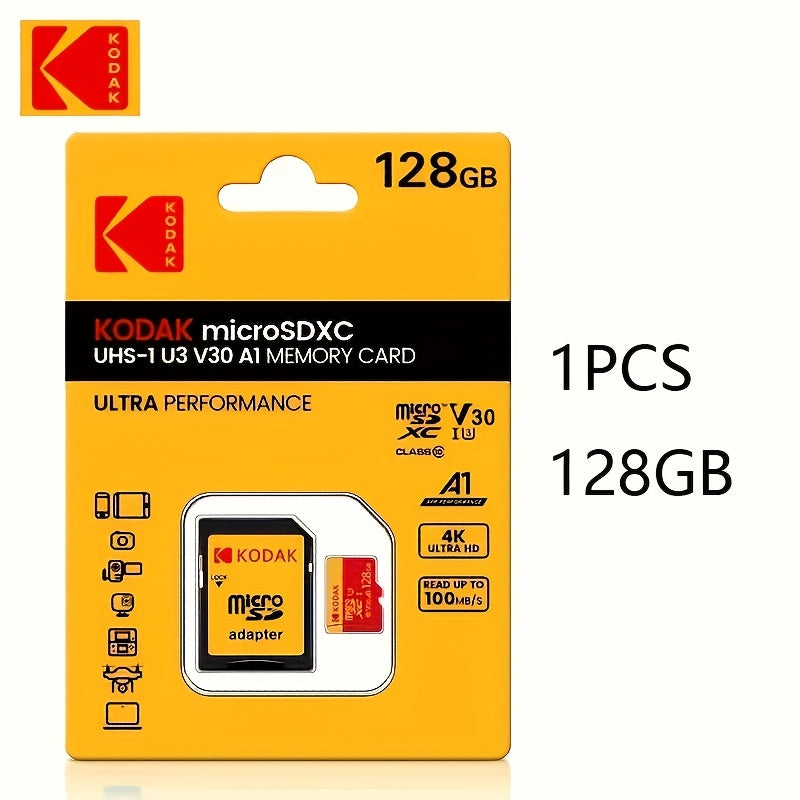 Kodak Micro SD Card TF Memory Card with Adapter, available in 32GB, 64GB, or 128GB capacity, C10 A1 TF Flash Card.