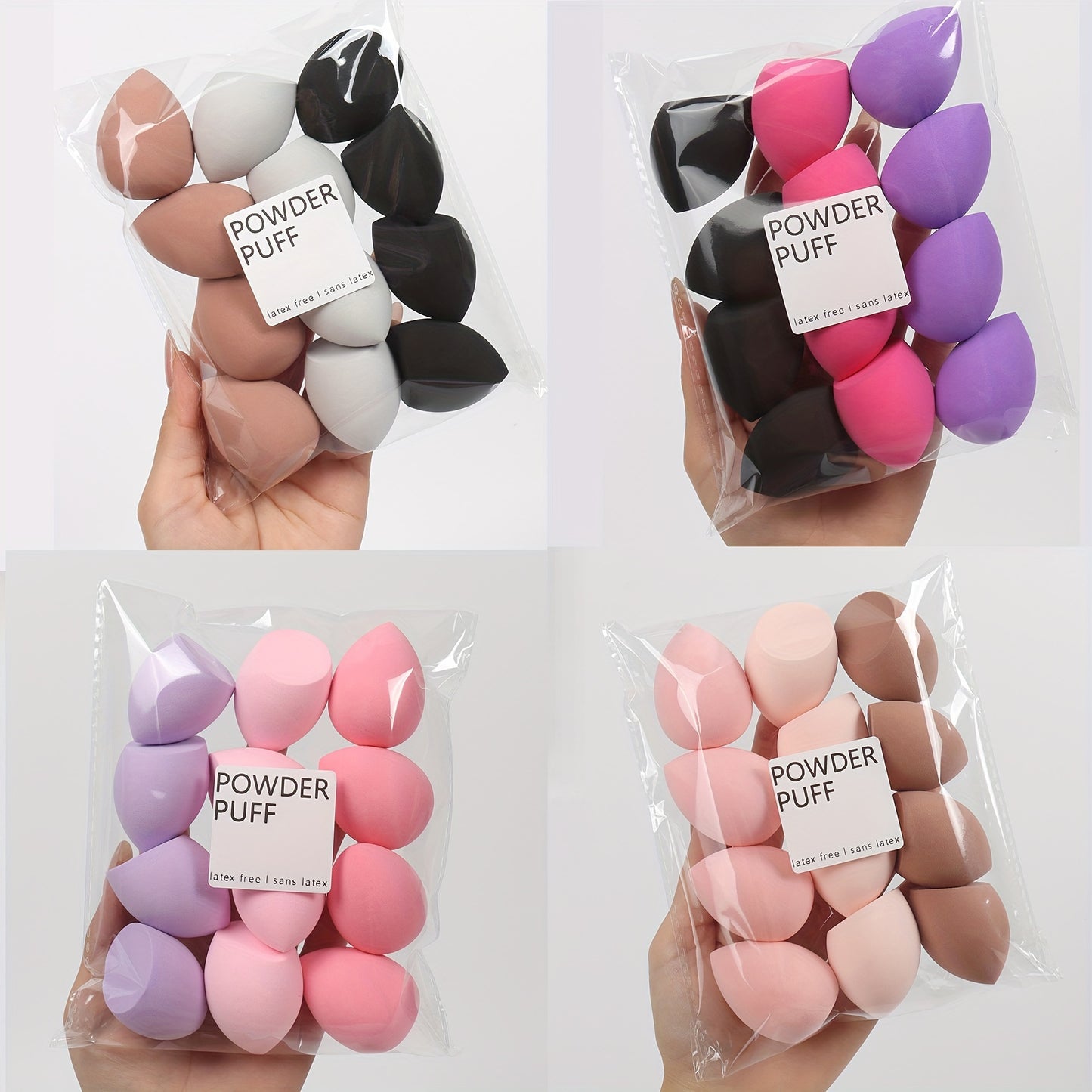 Medium size makeup sponge available in 3, 6, or 12 pieces. Random colors and shapes. Can be used with bb cream, liquid foundation, concealer, blush, etc. Expands when wet. Latex-free.