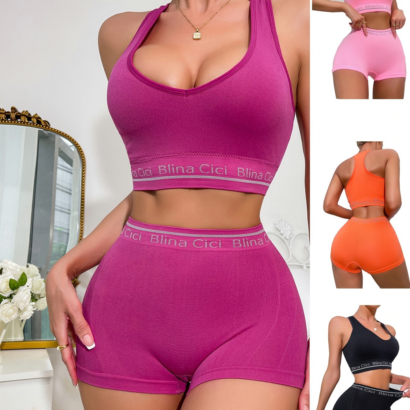 4-piece lingerie set including letter print bra, panties, push-up sports bra, and elastic panties. A stylish set for women's lingerie and underwear needs.