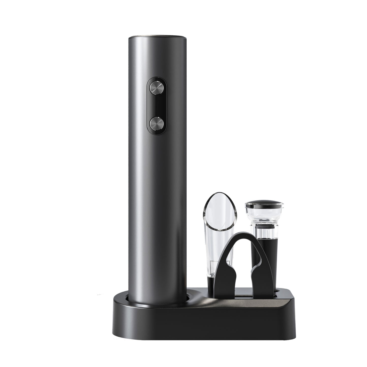 Cheer Moda Electric Wine Opener Set includes a automatic red wine bottle opener, vacuum preservation stopper, pouring accessories, and essential wine tools. 8.31cm x 7.29cm x 23.19cm in size, powered by AA batteries (not included).