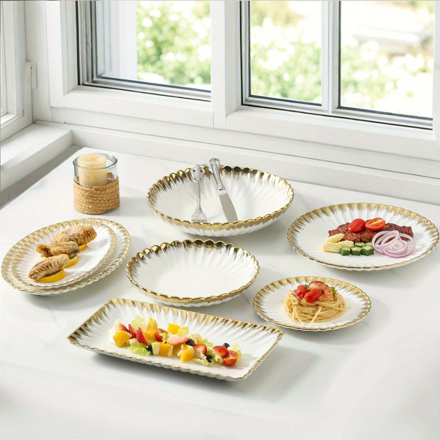 Set of 4 ceramic plates with golden rim, perfect for pasta, salads, and desserts. Dishwasher safe, ideal for home, dorms, and restaurants. Great housewarming gift.