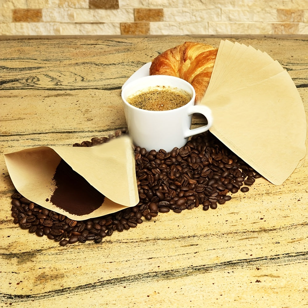 Disposable unbleached natural paper coffee filters for 8-12 cup coffee makers, designed for pour over and drip brewing methods with no blow outs, comes in a pack of 100.