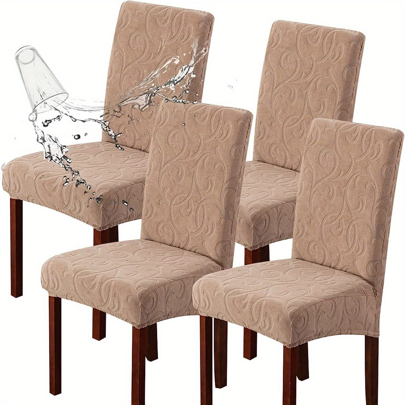 Waterproof chair slipcovers in 4pcs or 6pcs, stretch jacquard design for dining chairs. Removable, washable protector for home or commercial use.