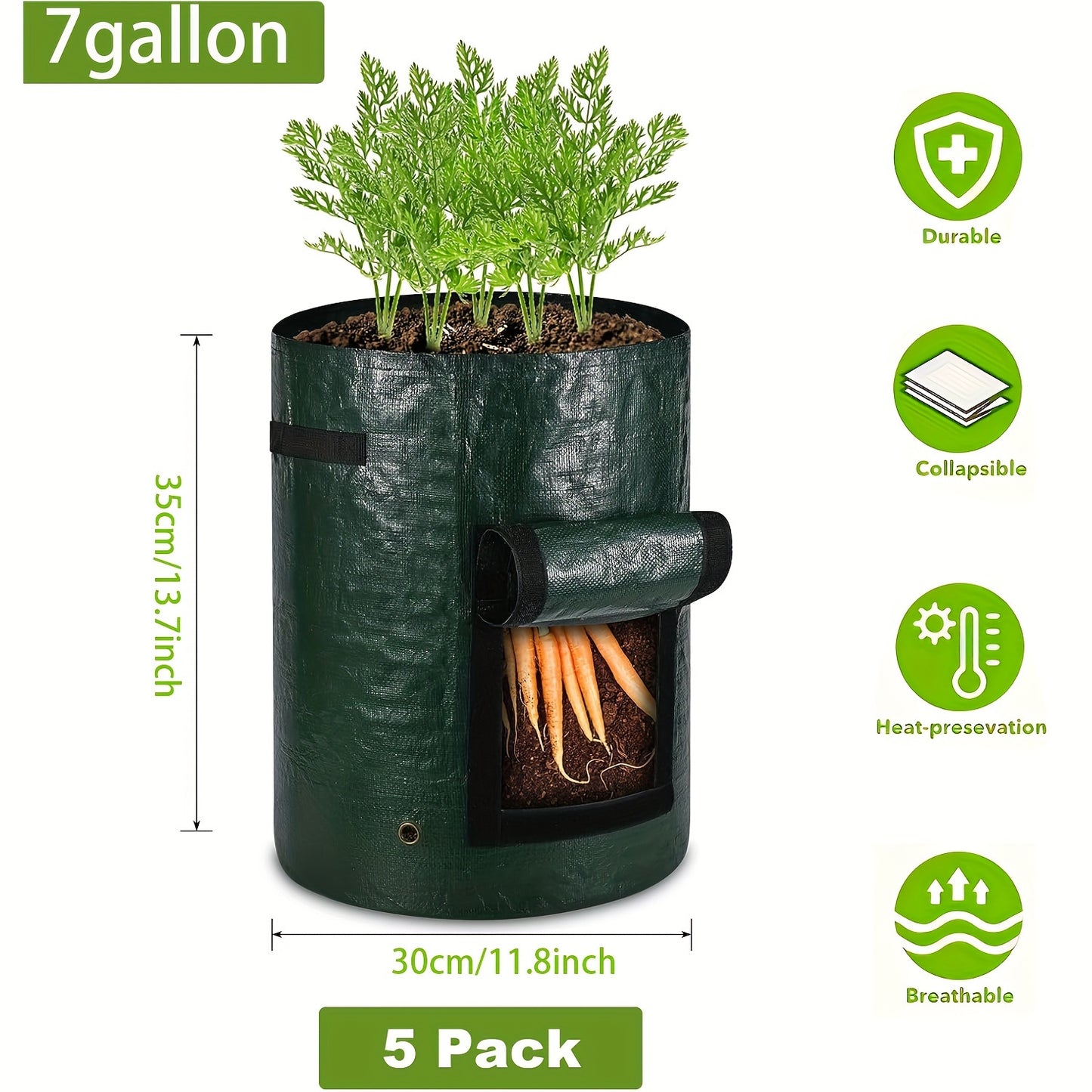 5pcs Green 7-Gallon Grow Bags with Handles - Aerated Fabric, Ideal for Outdoor Vegetable Gardening, Potatoes, Tomatoes, Fruits, Efficient Drainage.