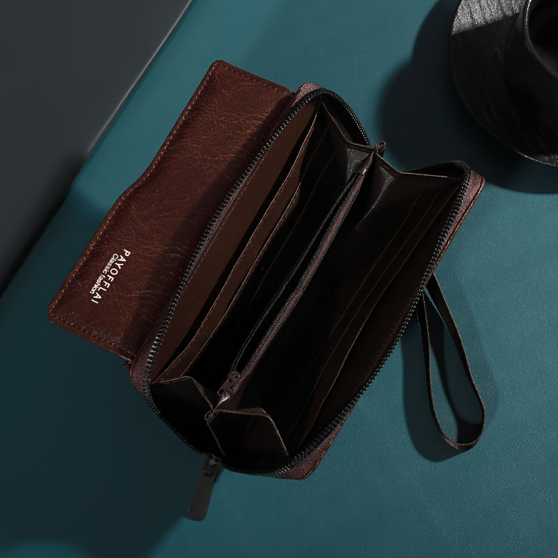 Brown retro wallet with zipper closure, dual layer design, card slots, hidden compartment, and photo pocket. Ideal gift for anyone.