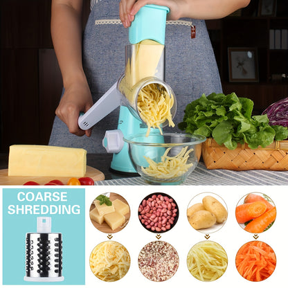 Three-in-One manual cheese and vegetable grater made of durable plastic with interchangeable shaving rollers, suitable for kitchen, camping, and RV use. Easy to use, rustproof, and easy to