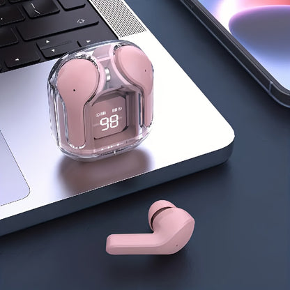 Compact and convenient transparent case wireless mini earbuds with LED display for on-the-go use.