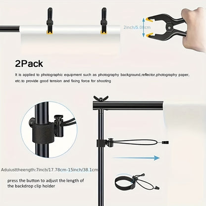 Adjustable, durable, and portable photography backdrop stand with 1pc 7x7ft or 7x10ft size, includes 2pcs spring clamps, 2pcs plastic clamps, and carrying bag. Stable design for portrait