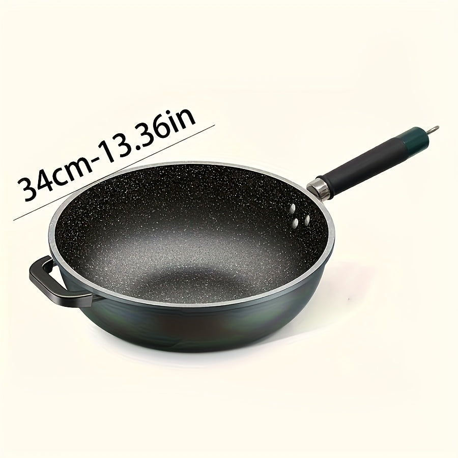 The Emerald Green Non-Stick Cast Iron Skillet comes with an optional Tempered Glass Lid. It is versatile for frying, stirring, and stewing and is compatible with all stovetops. This skillet is easy to clean and can be used on stone pots, outdoor BBQs