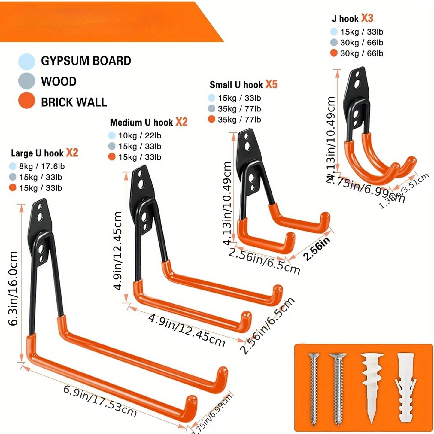 12-pack of heavy-duty garage hooks made of utility steel for wall mounting to organize power tools, ladders, bicycles, and other equipment.