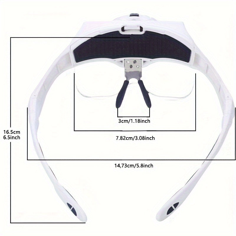 Adjustable headband magnifier with LED light includes 5 lenses with 1.0X to 3.5X zoom. Perfect for jewelry, crafts, watch repair, hobbies, and everyday office use (batteries not included).