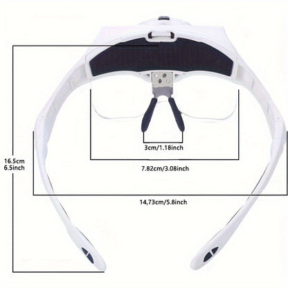 Adjustable headband magnifier with LED light includes 5 lenses with 1.0X to 3.5X zoom. Perfect for jewelry, crafts, watch repair, hobbies, and everyday office use (batteries not included).